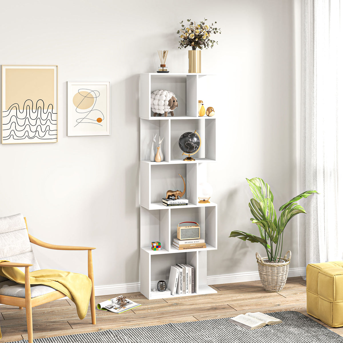 Bibliothèque à 5 niveaux, meuble de rangement en forme de S avec étagères, 60 x 24 x 184,5 cm, blanc-6