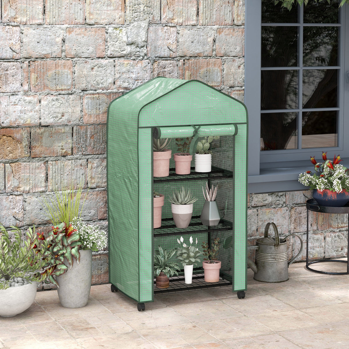 Mini serre de jardin avec 3 étagères, bâche PE haute densité, porte enroulable, 4 roulettes, dim. 69L x 49l x 130H cm-1