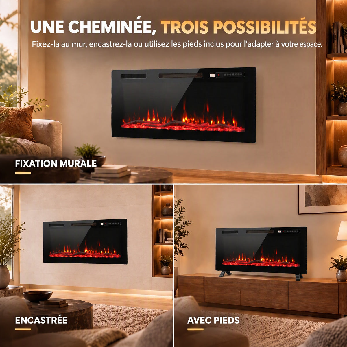Cheminée Électrique Encastrable Murale ou à Poser 3 en 1 Cheminée Décorative Extra-Plat 900W/1800W Effet Flamme 3D Noir-3