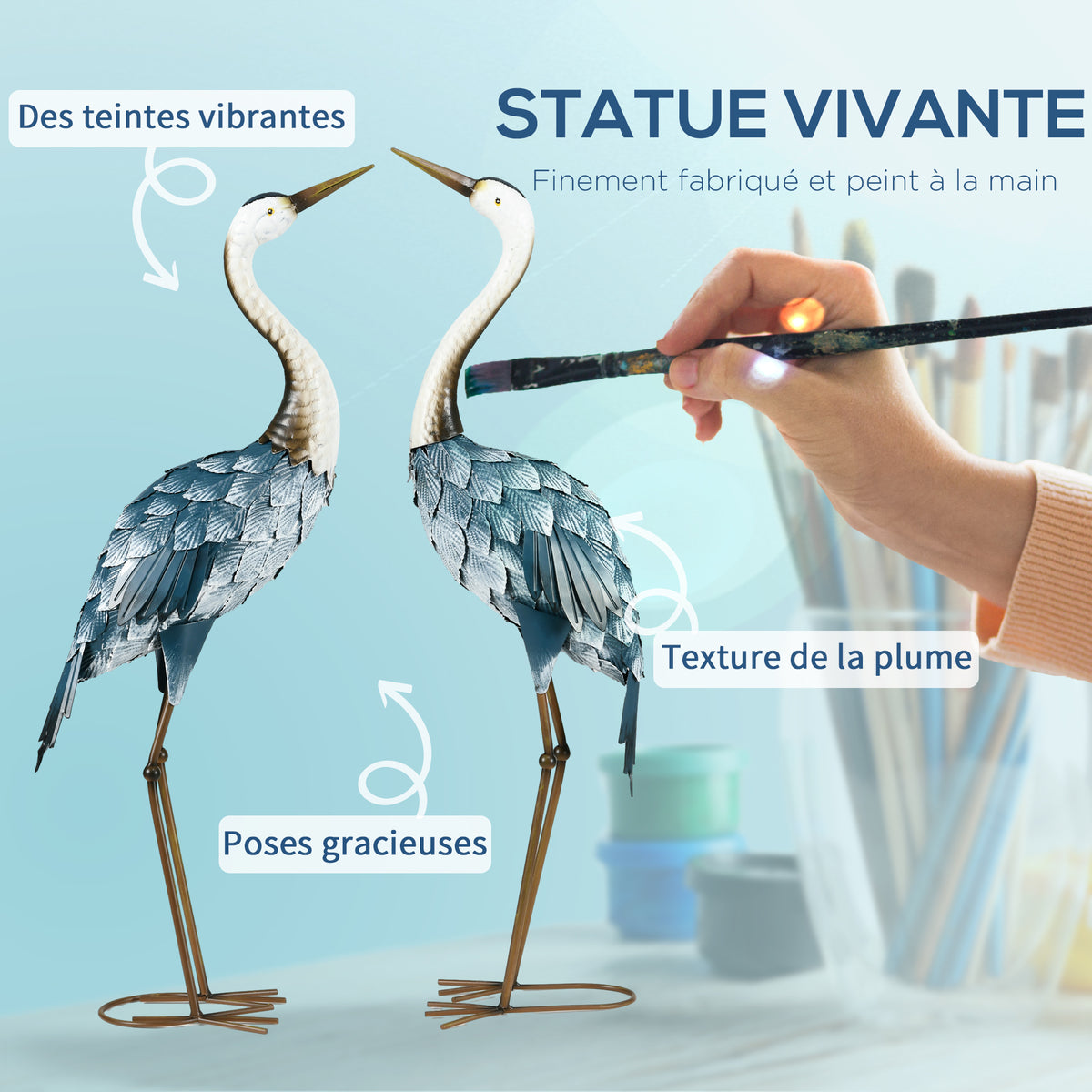 Lot de 2 statues de jardin sculpture de la grue décoration d'oiseau extérieure acier pour terrasse balcon cour pelouse-3