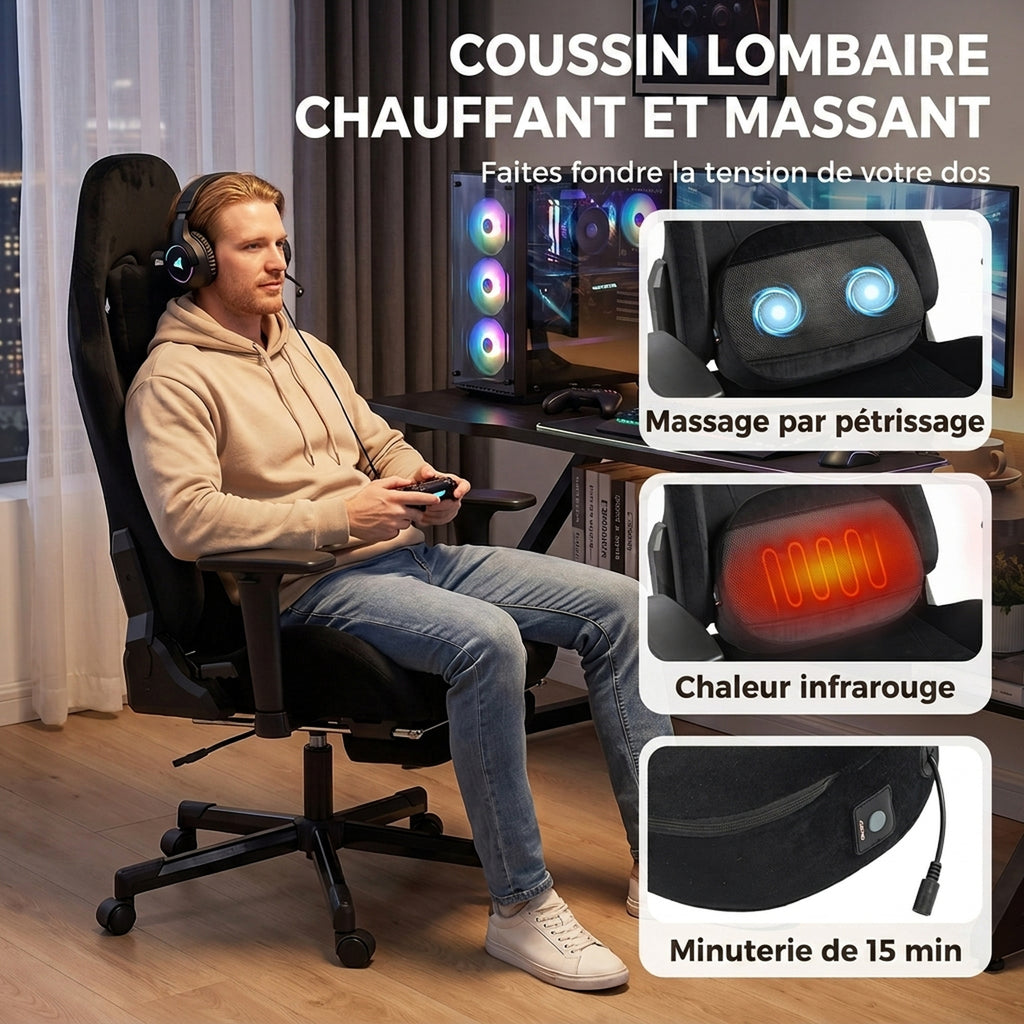 Chaise Gaming Ergonomique Massante et Coussin Lombaire Chauffant, Fauteuil Gaming Inclinable en Lin, Accoudoirs 3D, Noir-3