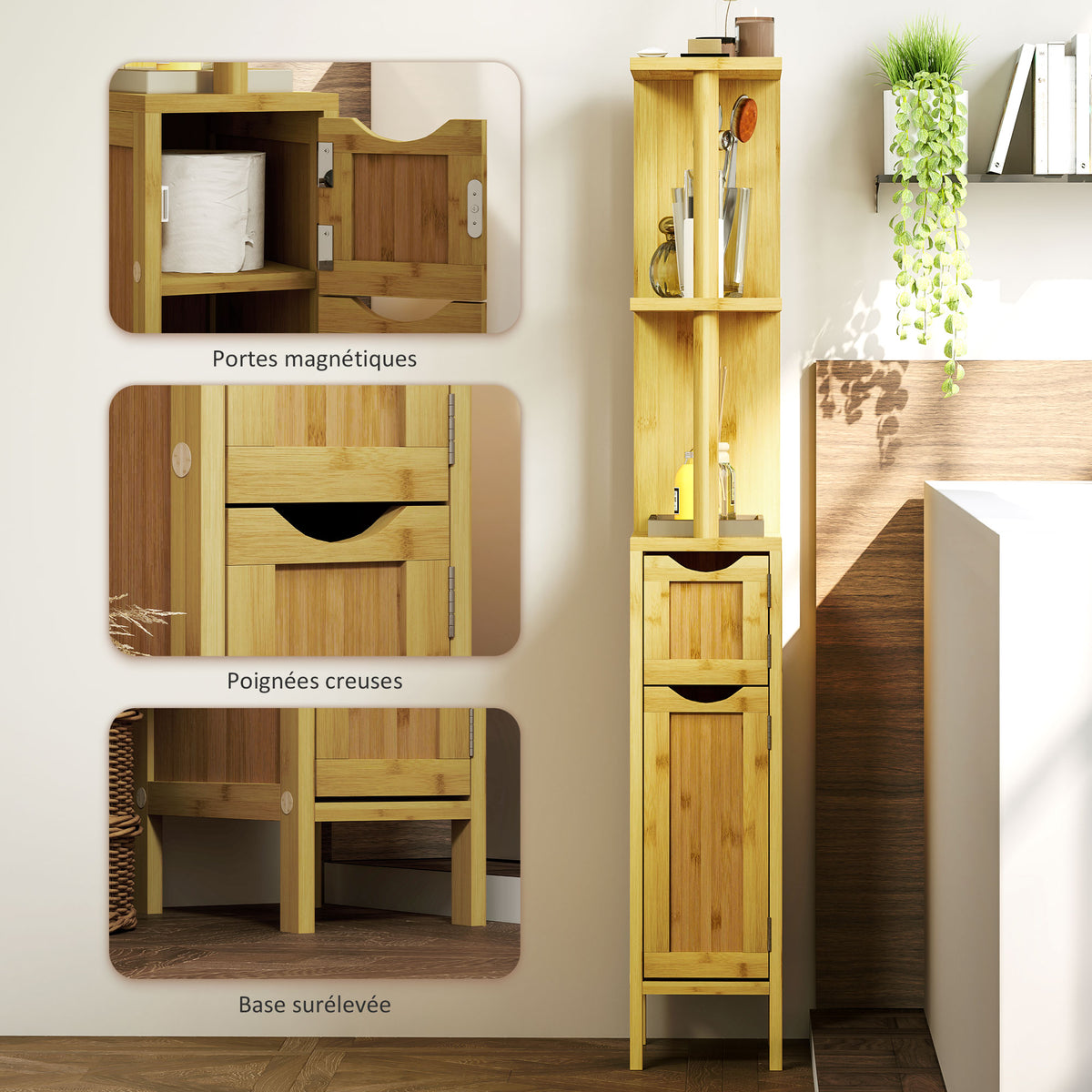 Colonne de salle de bain meuble de salle de bain avec 2 étagères 2 placards en bambou 18l x 30P x 120H cm bois naturel-4