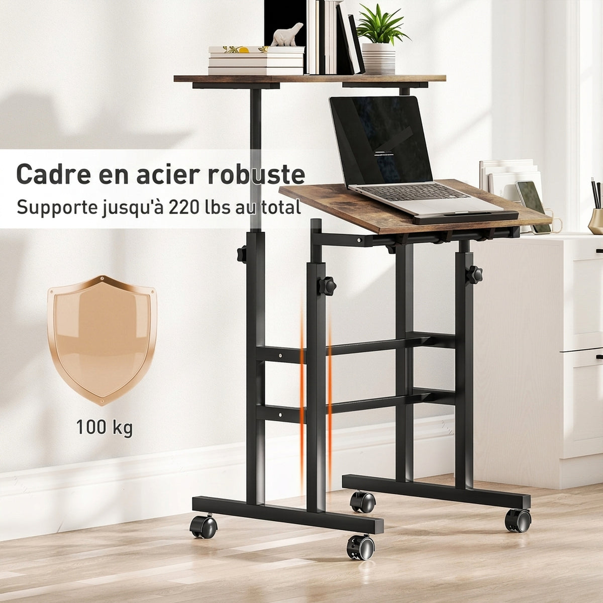 Bureau assis debout bureau réglable en hauteur 60 x 60 cm à roulettes avec plateau inclinable cadre métal brun rustique-6