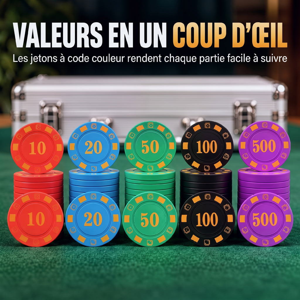 Mallette de Poker 500 Jetons 5 Valeurs, 2 Jeux de Cartes, Tapis de Jeu, Bouton Dealer, Blind, Alu, 31x17x11,5cm, Argenté-4