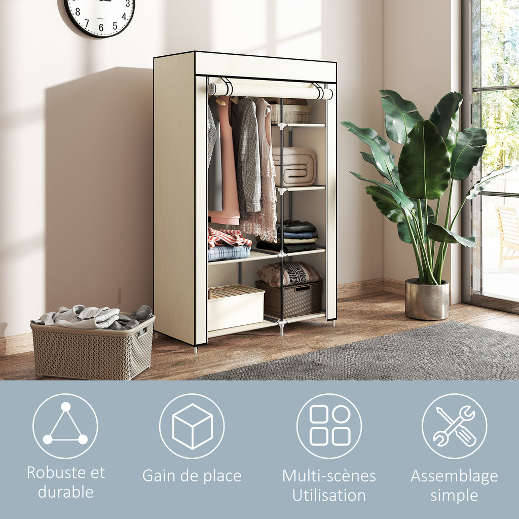 Armoire penderie en tissu meuble de rangement tringle à vêtements et étagères ouvertes 103x43x162,5cm crème-5