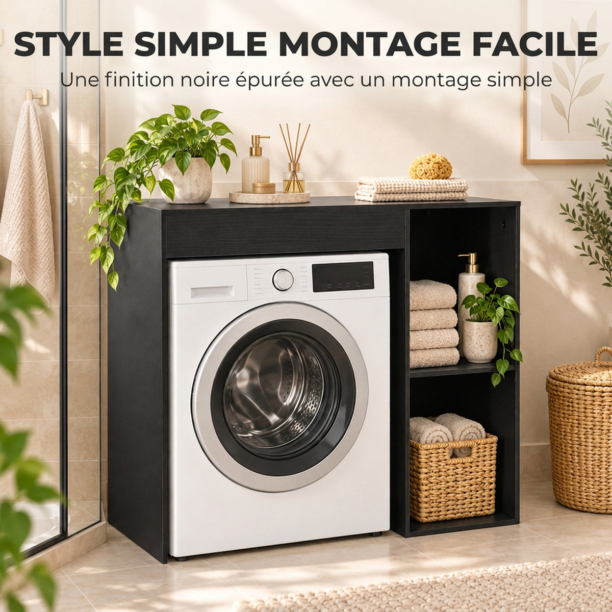 Meuble machine à laver, armoire machine a laver et sèche-linge avec 2 compartiments ouverts, 96 x 60 x 90,5 cm, noir-6