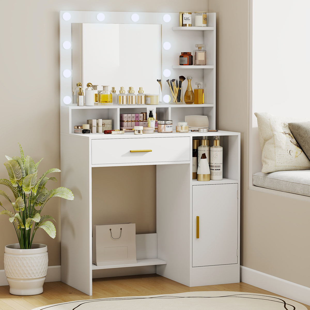 Coiffeuse avec miroir et 10 lumières LED, luminosité réglable, tiroir, placard et étagères ouvertes, 80x40x135cm, blanc-1