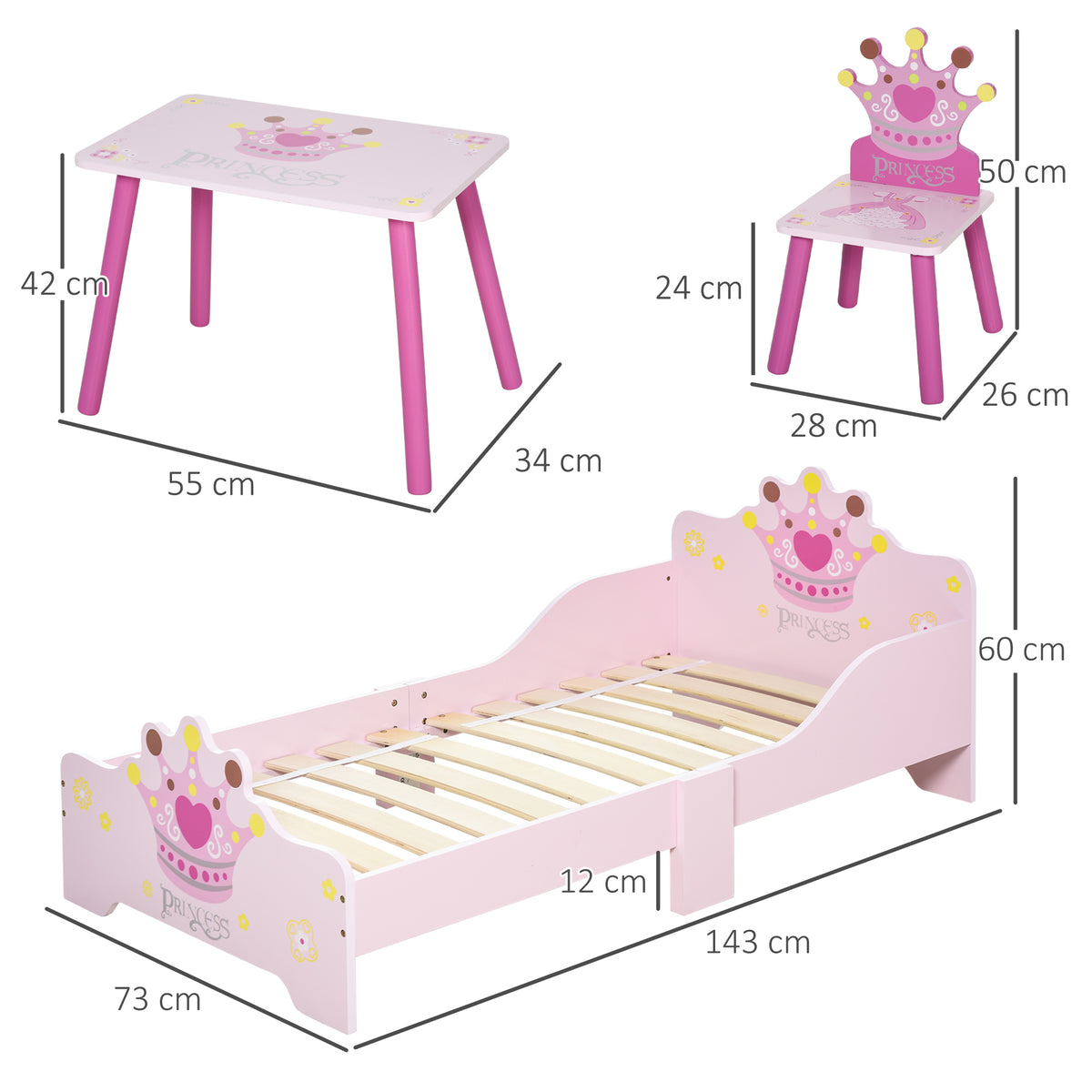 Lit Enfant et Ensemble table et chaises enfant - Design Princesse Motif Couronne - sommier à Lattes Inclus - Rose-2
