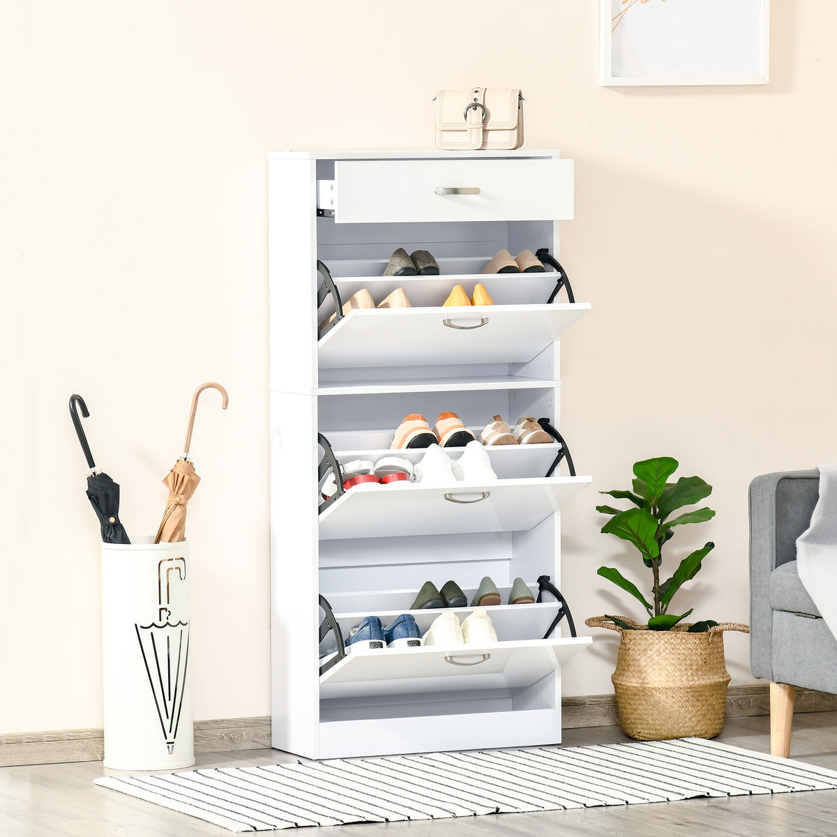 Meuble à Chaussures - 3 Portes abattantes et tiroir Coulissant - dim. 62L x 24l x 135H cm Blanc-1