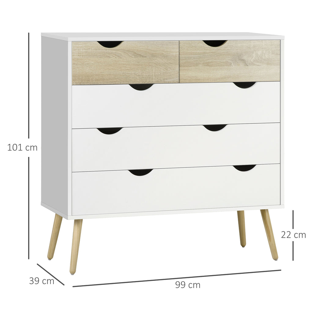Commode 5 tiroirs Design scandinave Meuble de Rangement Chambre Panneau de Particules 99 x 39 x 101 cm Blanc Aspect chêne Clair-2