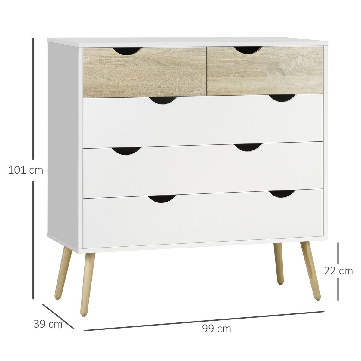 Commode 5 tiroirs Design scandinave Meuble de Rangement Chambre Panneau de Particules 99 x 39 x 101 cm Blanc Aspect chêne Clair-2