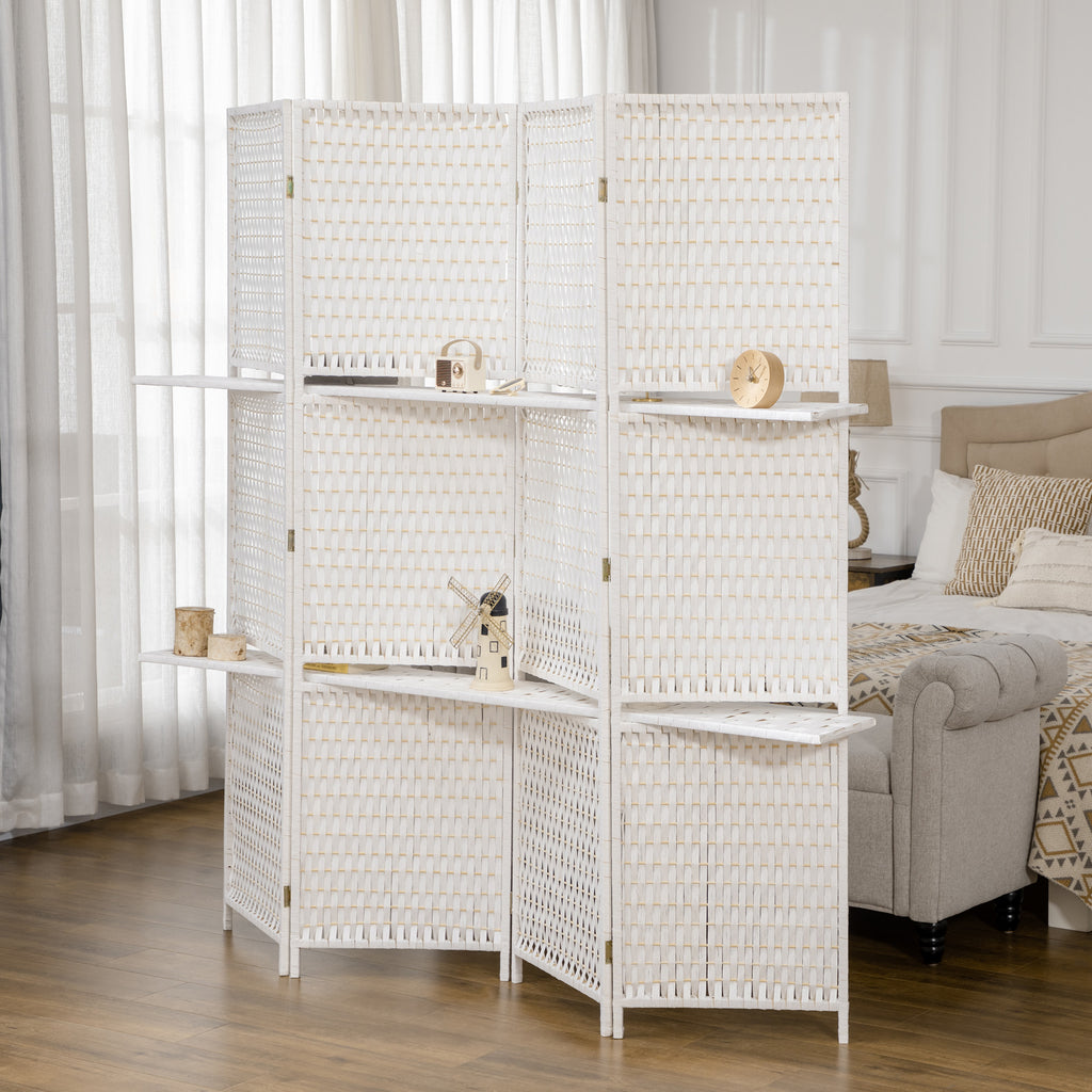 Séparateur de pièces 4 panneaux 2 étagères pliables blanc paille-1