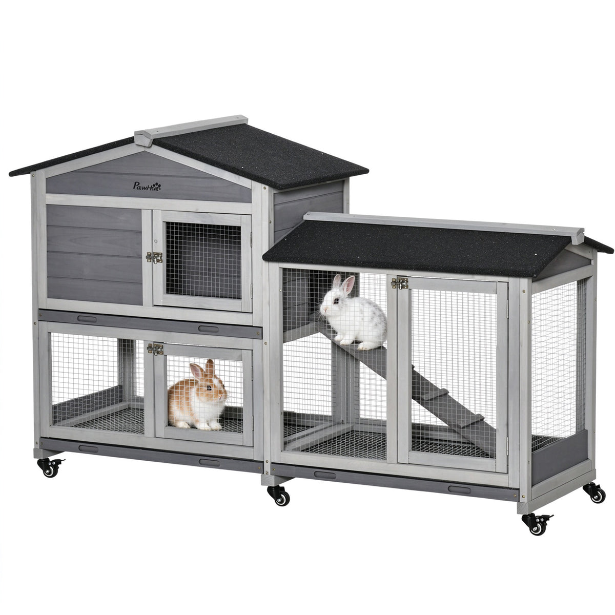 Clapier bois pour lapins petit enclos animaux villa pour lapin sur roulettes 2 étages gris-0