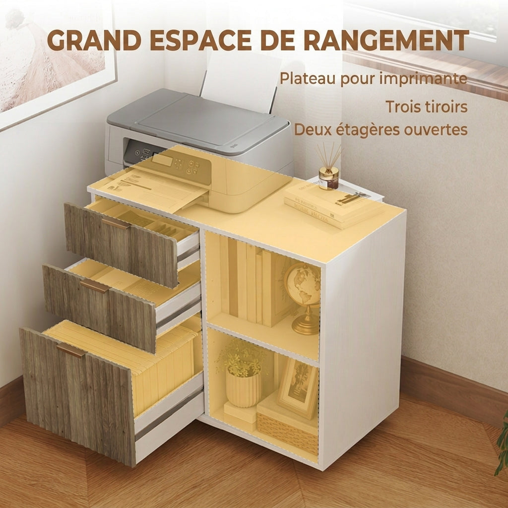 Support d'Imprimante sur Roulettes, 3 Tiroirs, 2 Étagères Ouvertes, Design Ondulé, 80x40x68cm, Blanc Chêne-4