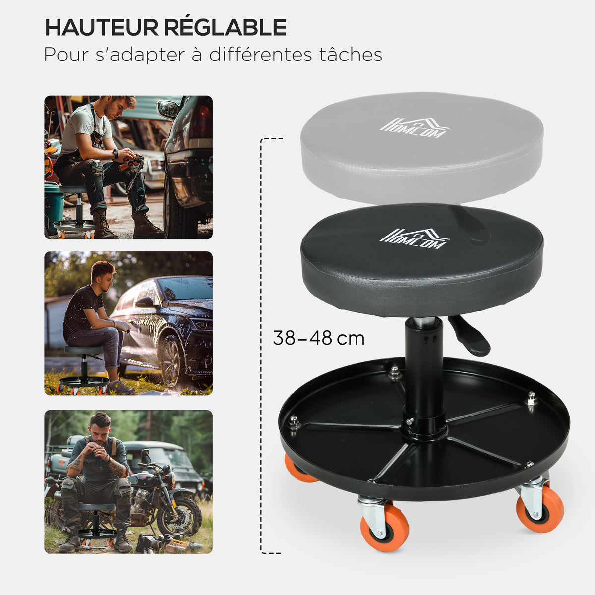 Tabouret de mécanicien siège pivotant hauteur réglable plateau de 100 kg pour le garage et la réparation automobile noir-4