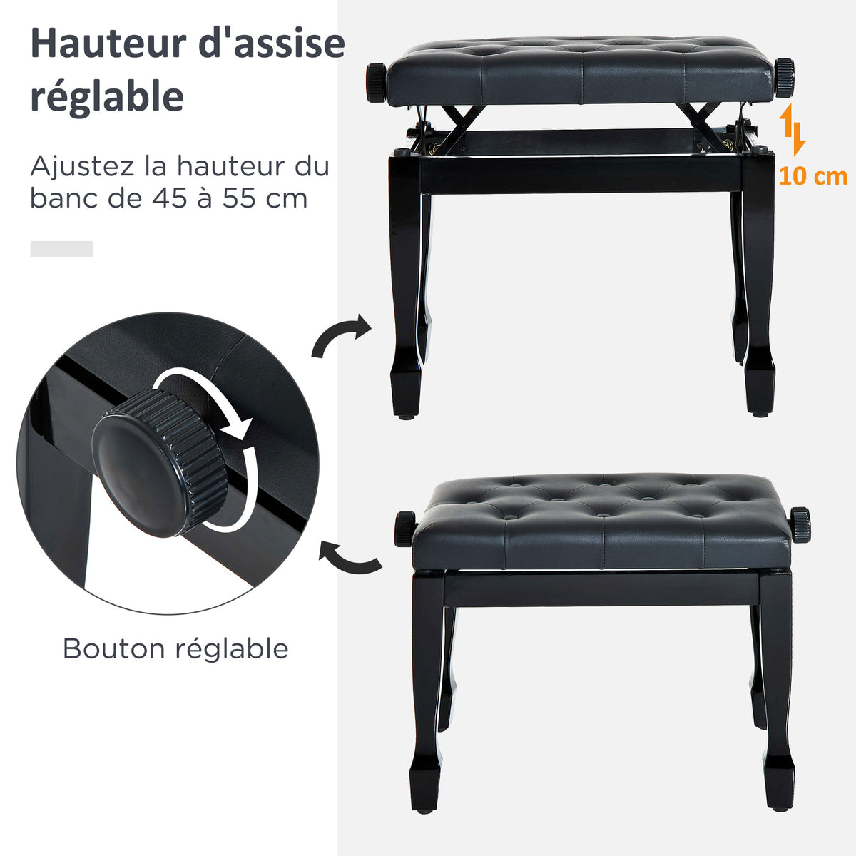 Banc de piano, banc de clavier réglable en hauteur en bois massif, tabouret piano avec siège rembourré polyuréthane à 10 boutons, stable et antidérapant, charge 200kg, noir-3