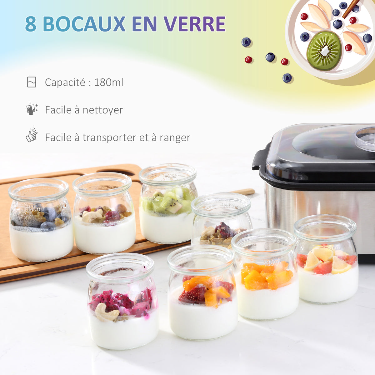 Yaourtière avec 8 Pots en Verre de 180ml, Machine à Yaourt Électrique en Acier Inoxydable avec Minuterie, Thermostat Réglable et Affichage Numérique pour des Desserts Maison Sains-3
