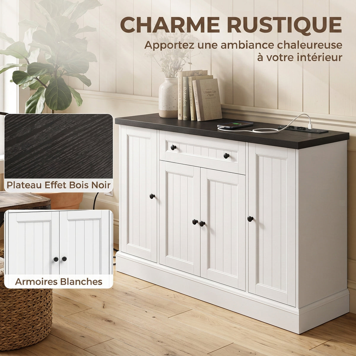 Buffet Salon avec Station de Charge, Meuble de Rangement avec 4 Portes, Tiroir, Étagères Réglables, Blanc et Noir-6