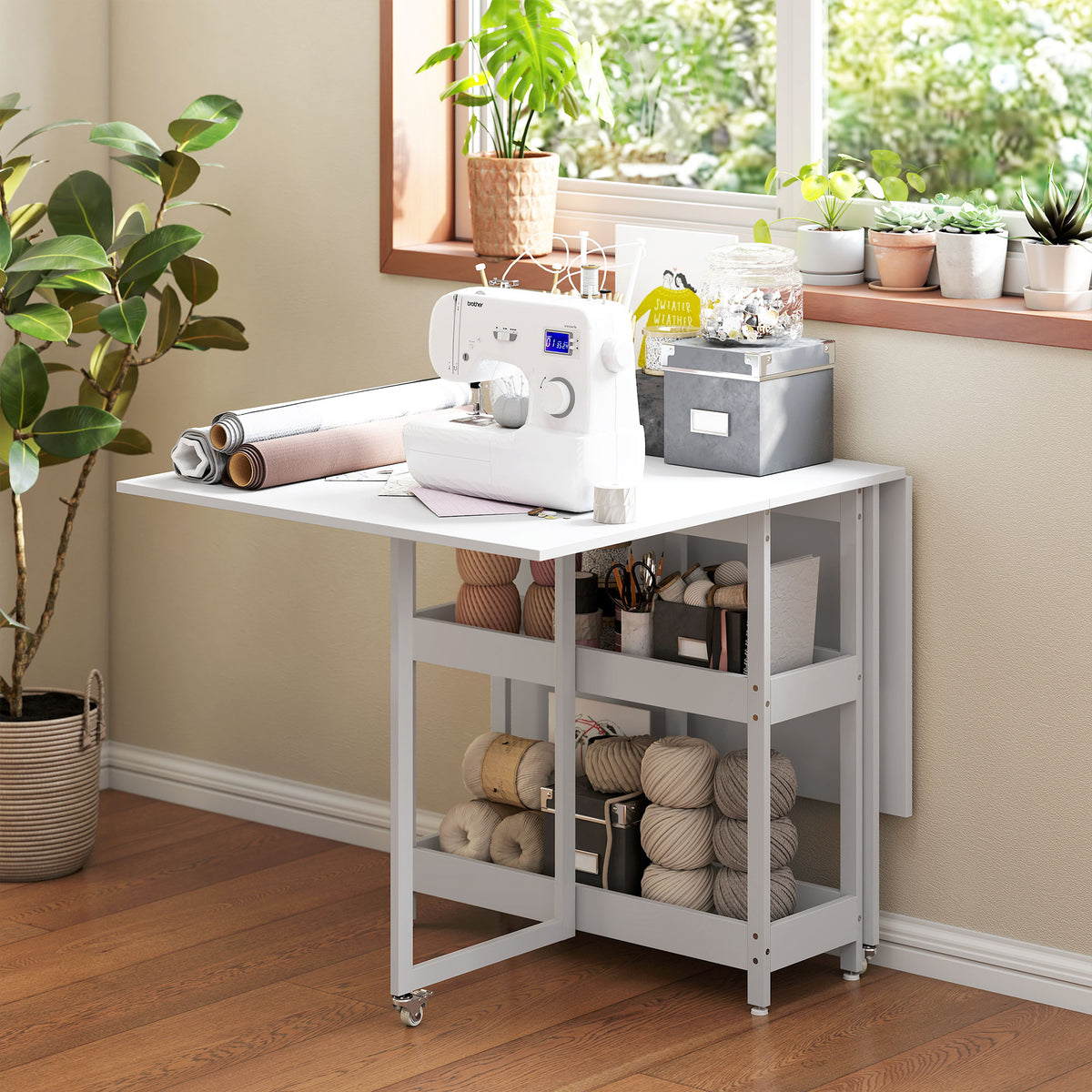 Table à manger pliante sur roulettes 4 personnes avec compartiments ouverts, pour petits espaces, salle à manger, blanc-7