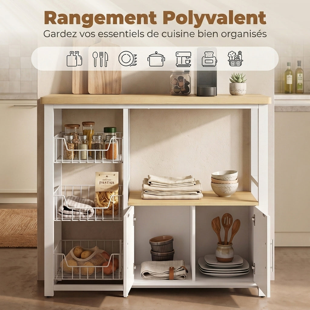 Étagère de rangement de cuisine avec paniers coulissants et placard, support micro-ondes, 100 x 35 x 80 cm, blanc-3