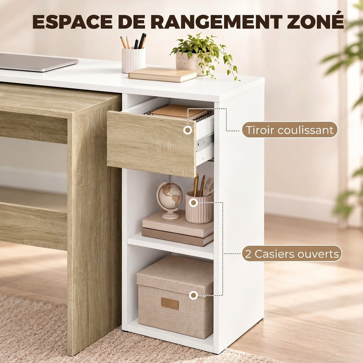 Bureau d'Ordinateur Gigogne Lot de 2, Bureau Informatique 80/117 cm avec Tiroir et Étagères Ouvertes, Blanc et Chêne-4