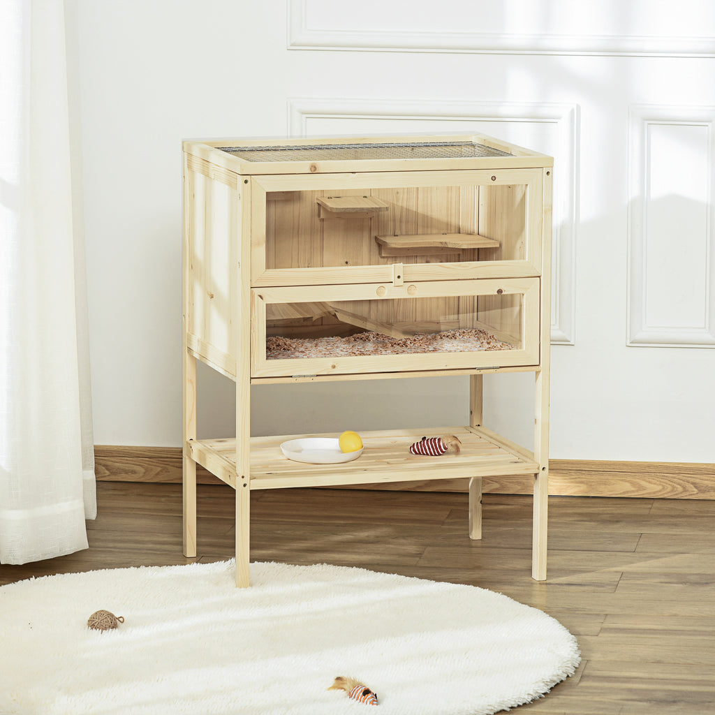 Cage Hamster en Bois à 3 Niveaux avec Plateformes, Échelles, Étagère, Fenêtre, Toit Ouvrable, 60x40x80cm, Naturel-1
