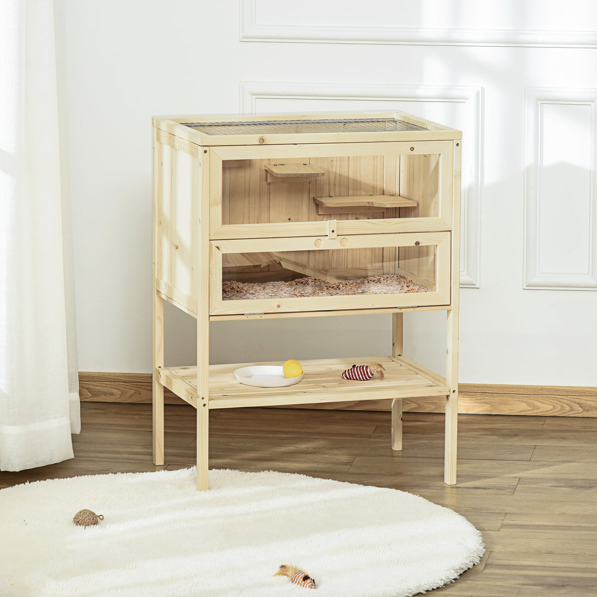 Cage Hamster en Bois à 3 Niveaux avec Plateformes, Échelles, Étagère, Fenêtre, Toit Ouvrable, 60x40x80cm, Naturel-1