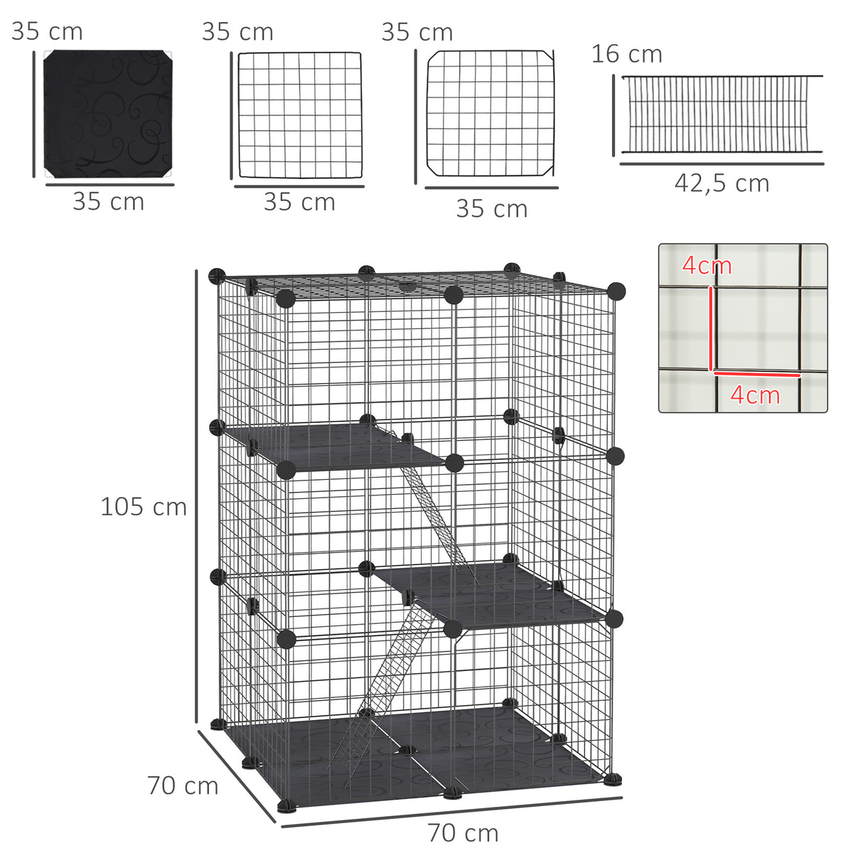Enclos pour petits animaux, cage à lapin modulable 3 niveaux, 39 panneaux avec  rampes, en métal, 70 x 70 x 105 cm, noir-2