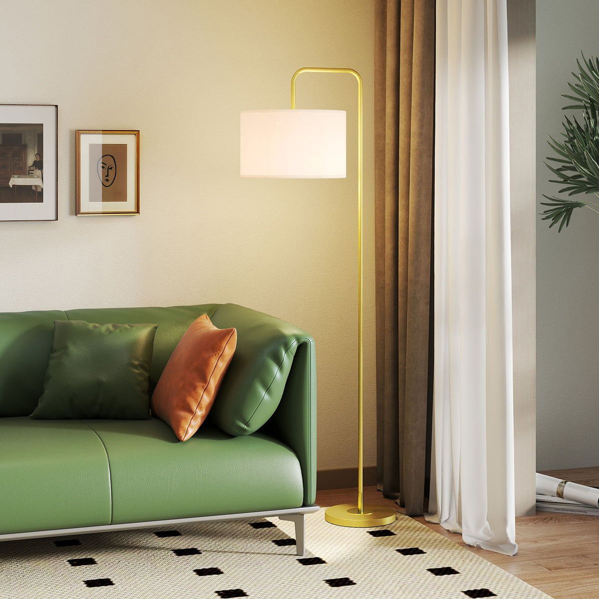 Lampadaire sur pied salon style moderne avec abat-jour aspect lin et interrupteur à pied 163,5 cm doré et blanc-1