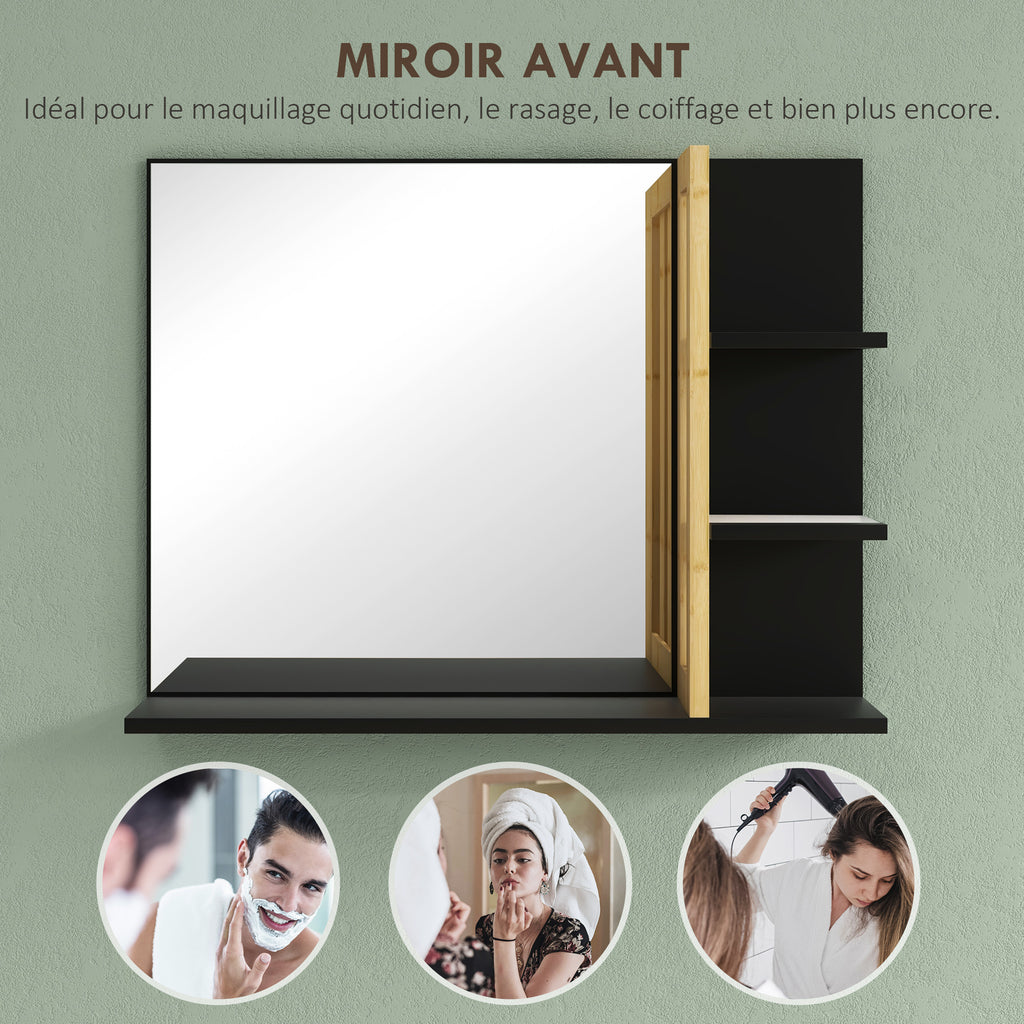 Miroir mural de salle de bain avec étagères de rangement - 3 étagères latérales + 1 étagère inférieure - bois de bambou-4