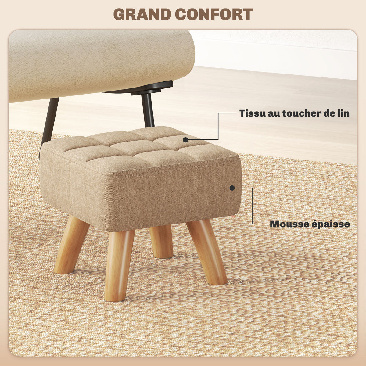 Repose pied salon ottoman siège rembourré en tissu avec pieds en bois 27 x 27 x 26 cm marron clair-4