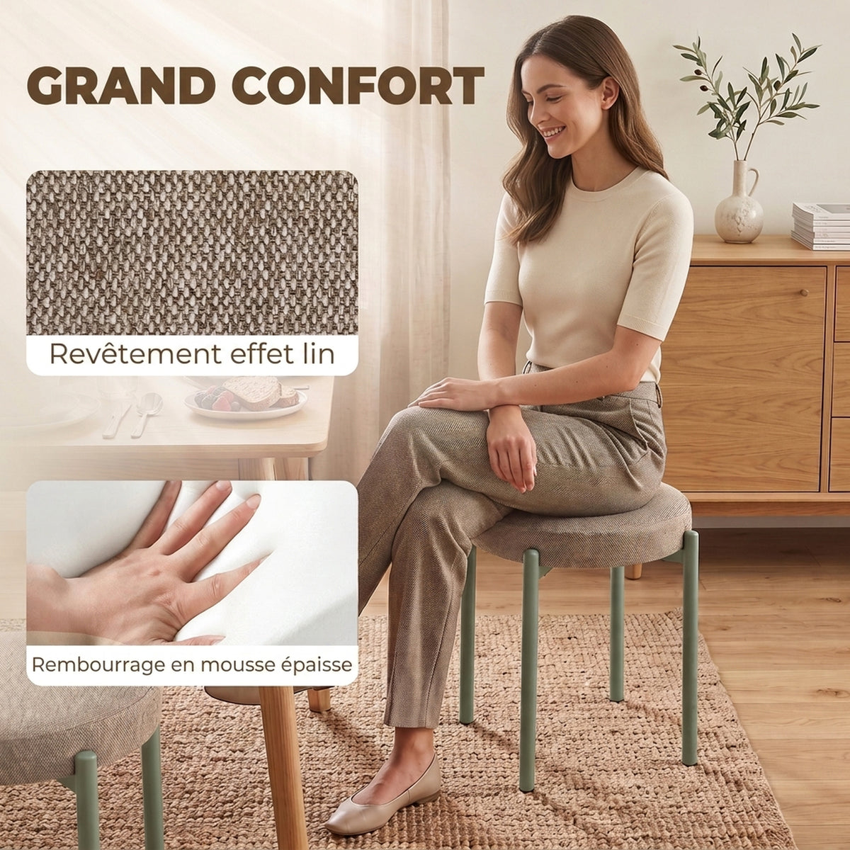 Lot de 4 Tabourets Empilables Ronds avec Assise Rembourrée, sans Dossier, Gain de Place, 45 x 45 x 47,5 cm, Marron Cair-4