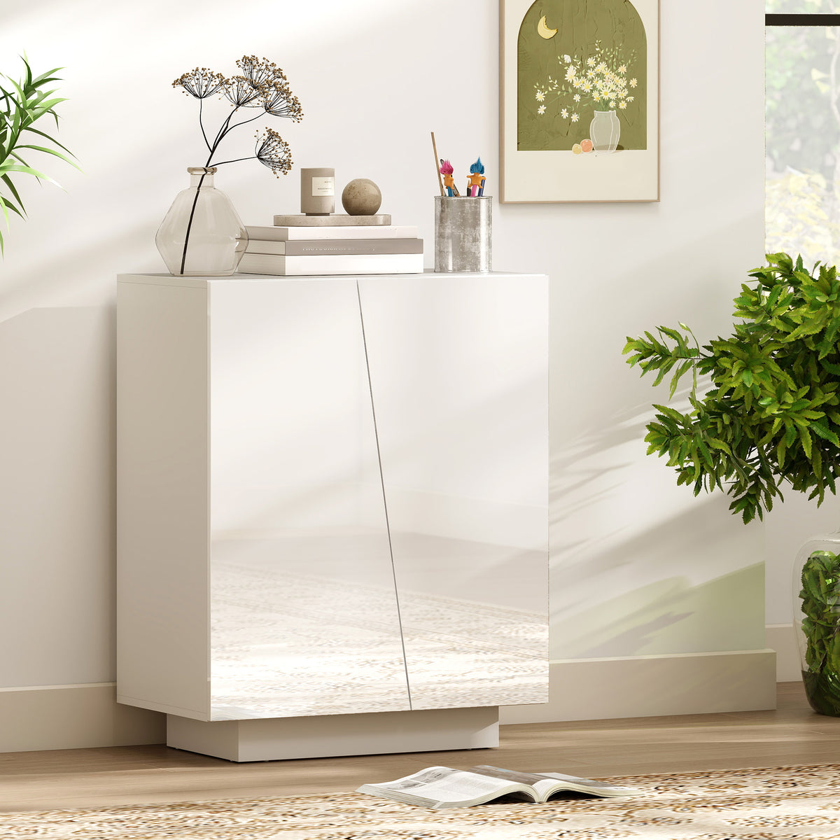 Buffet meuble de rangement avec placard double porte et étagère réglable, 70 x 40 x 88 cm, blanc brillant-8