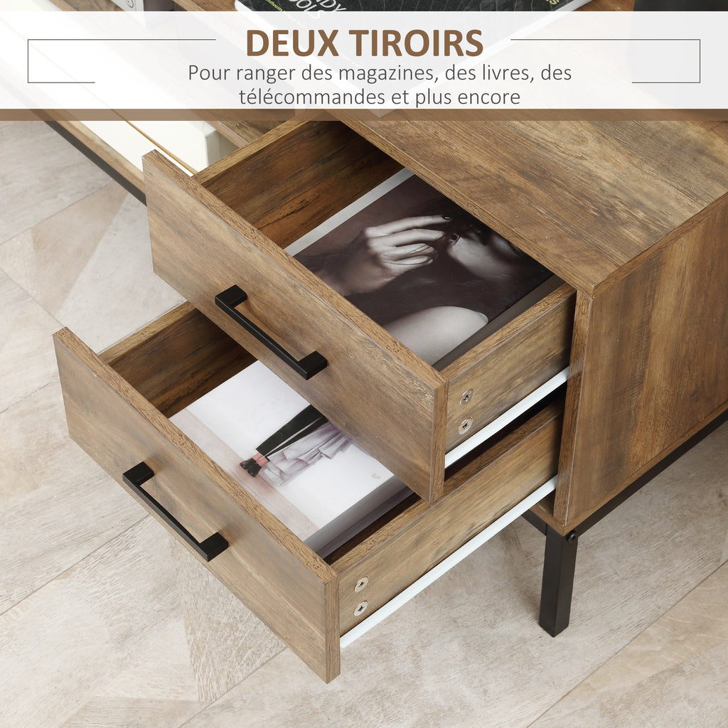 Meuble TV banc TV jusqu'à 50 pouces placard, 2 tiroirs et étagère - 2 passe-câbles - 132 x 39 x 45,5 cm marron noir-3
