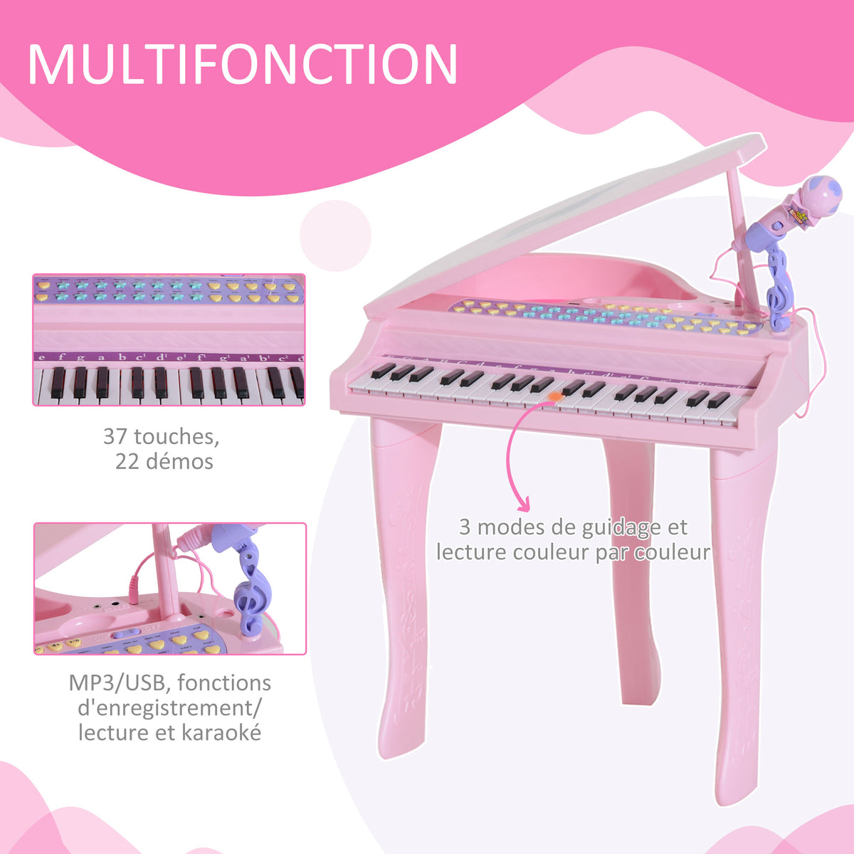 Piano à Queue électronique 37 Touches Multifonctions avec Micro Haut Parleur Rose-4
