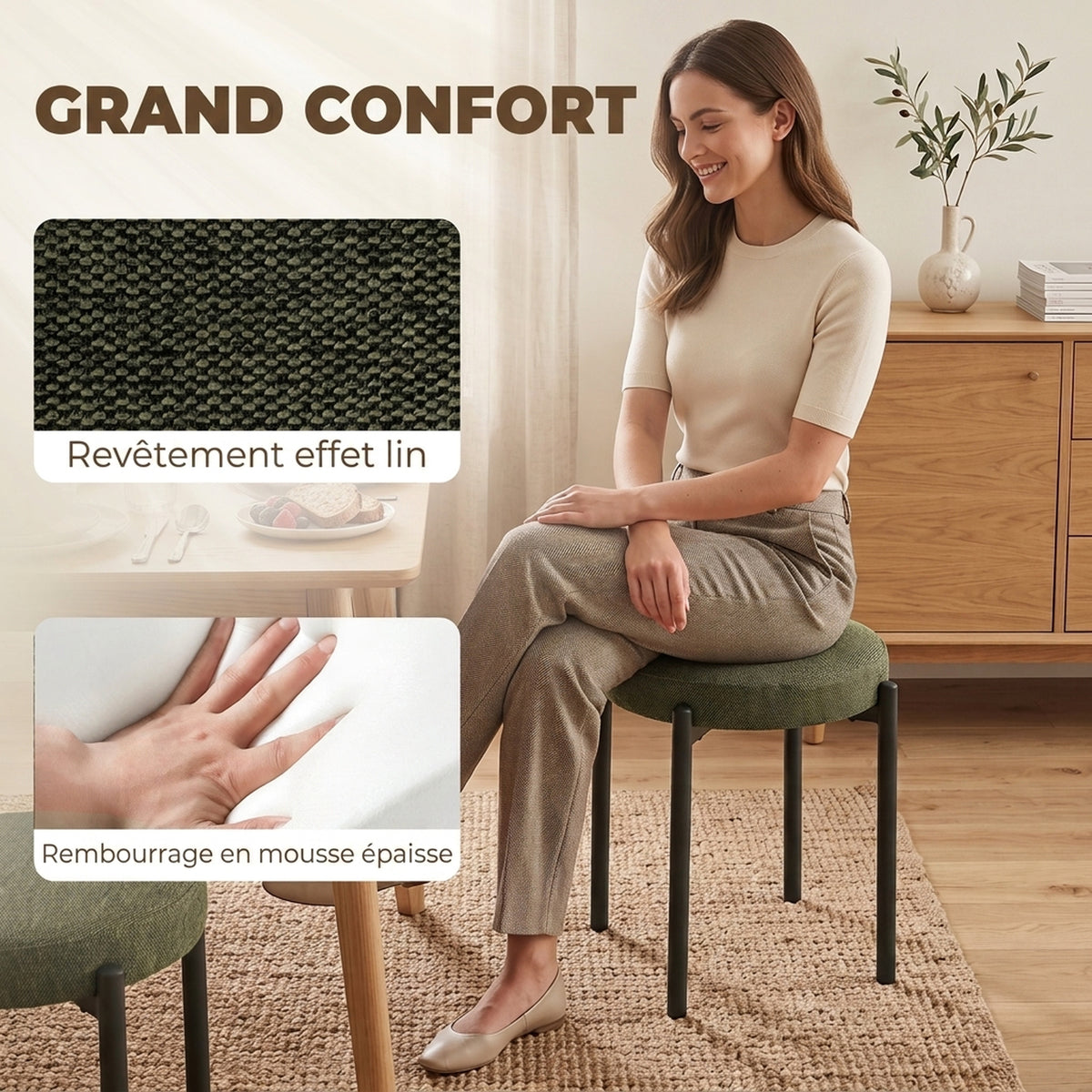 Lot de 4 Tabourets Empilables Ronds avec Assise Rembourrée, sans Dossier, Gain de Place, 45 x 45 x 47,5 cm, Vert Foncé-4