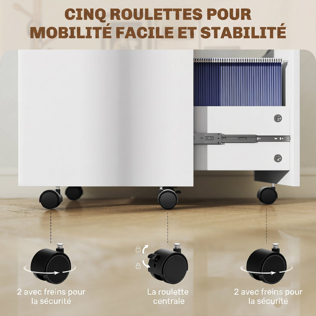 Caisson de bureau, meuble de rangement 2 tiroirs 2 barres pour dossier suspendu, verrouillable avec 2 clés 42x40x60 cm-6