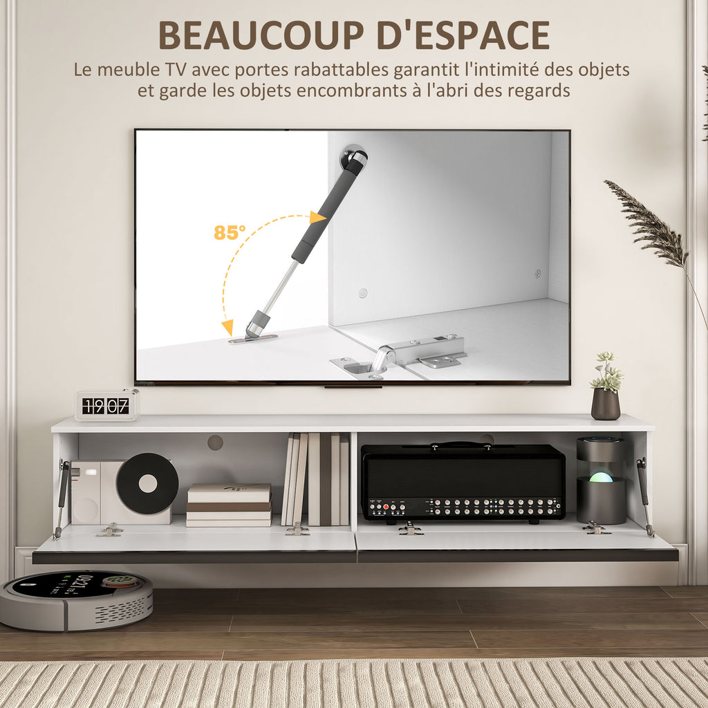 Meuble TV suspendu avec placard, pour téléviseurs jusqu'à 70 pouces, effet brillant, blanc-4