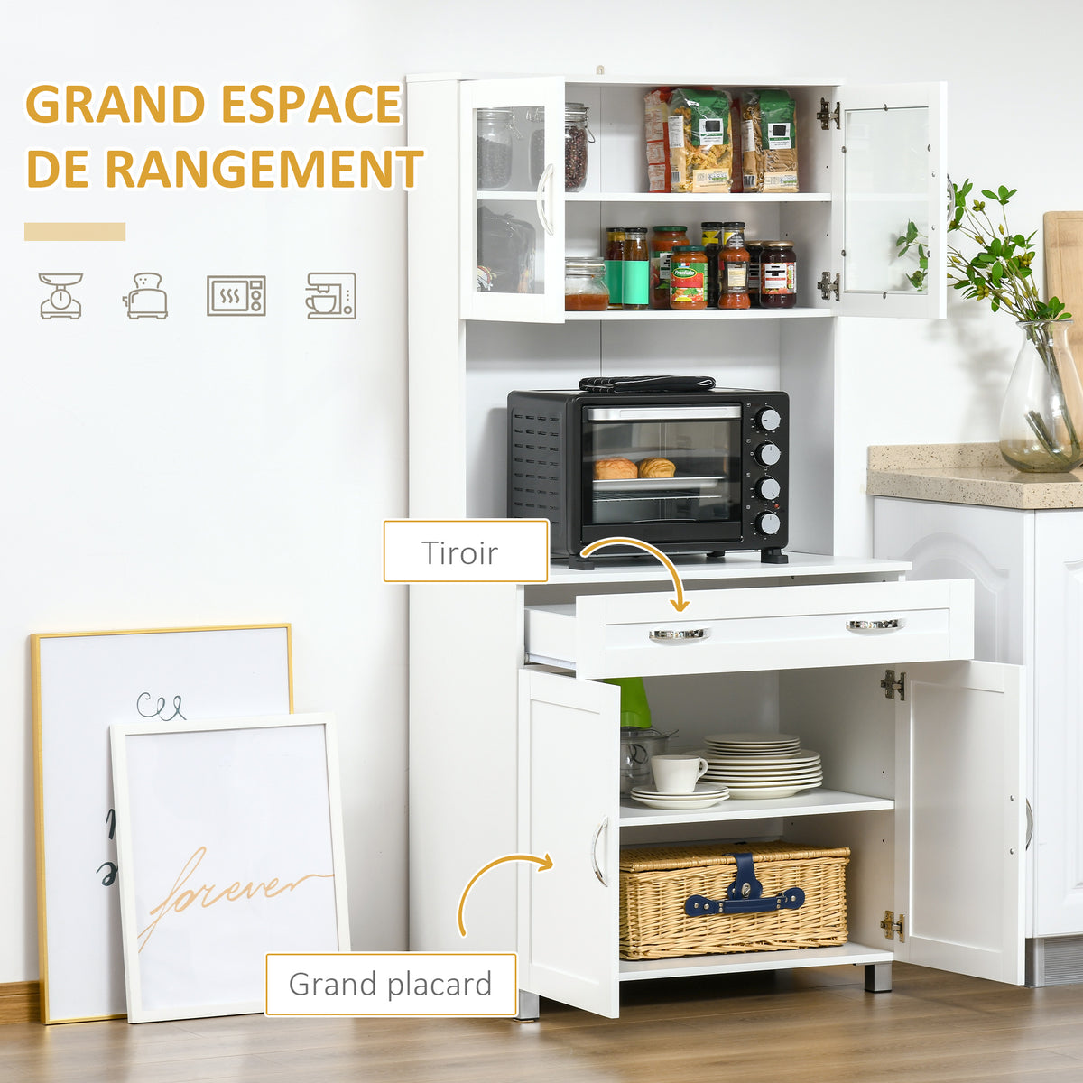 Buffet haut cuisine, armoire de cuisine, vaisselier, 4 portes dont 2 en verre, tiroir, plan de travail, étagères réglables, meuble de rangement pour salon salle à manger, 80x48x170cm, blanc-3