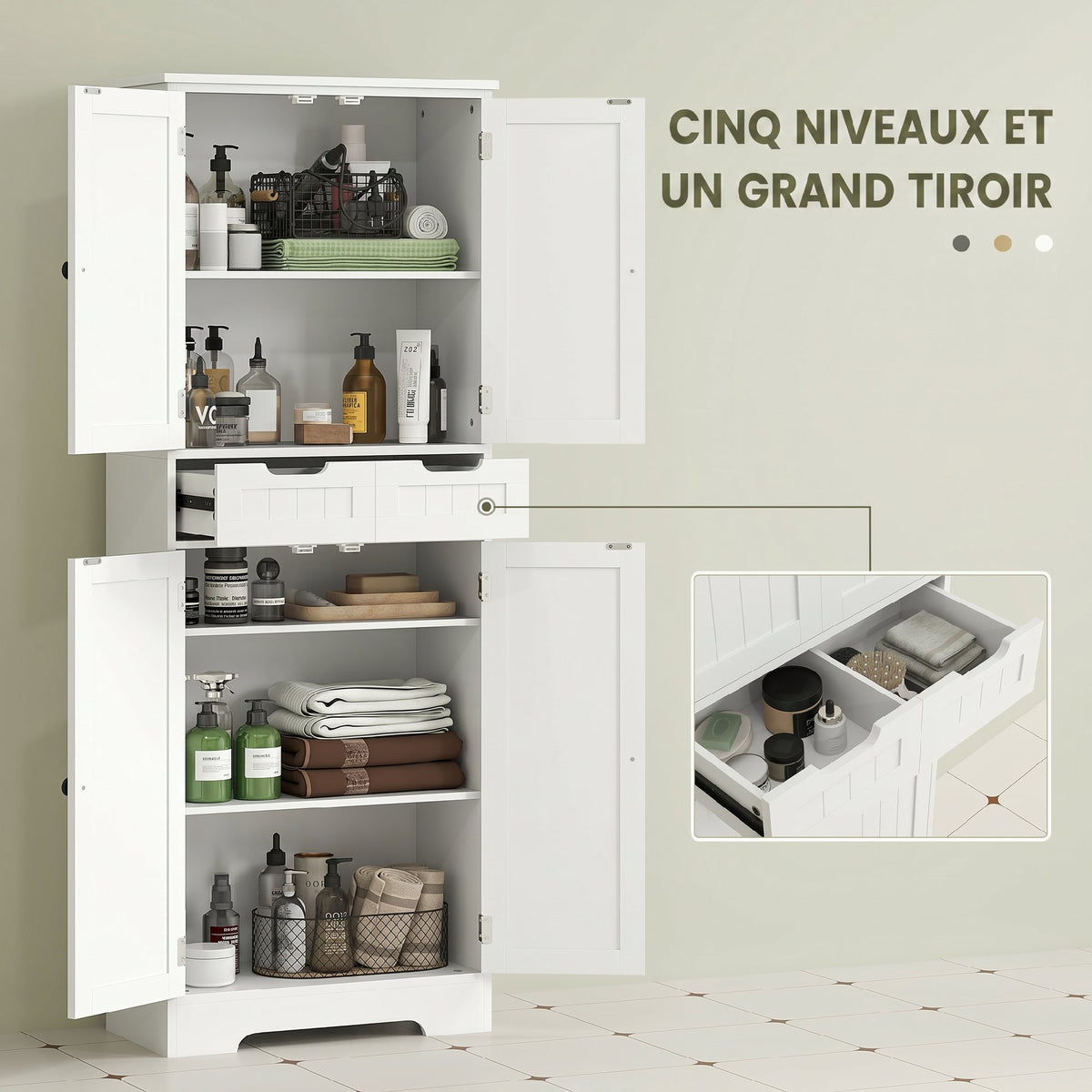 Meuble de salle de bain, meuble de rangement avec tiroir et 4 portes, style moderne, 60 x 30 x 160 cm, blanc-3