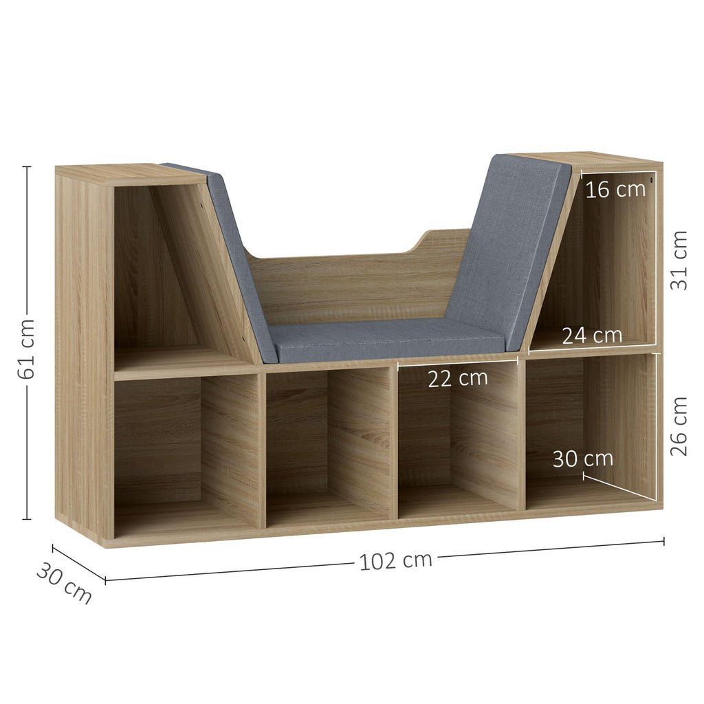 Bibliothèque Banc 2 en 1 Design Contemporain 6 casiers 3 Coussins fournis 102L x 30l x 61H cm Chêne Gris-2