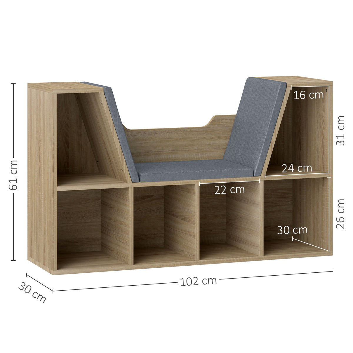 Bibliothèque Banc 2 en 1 Design Contemporain 6 casiers 3 Coussins fournis 102L x 30l x 61H cm Chêne Gris-2