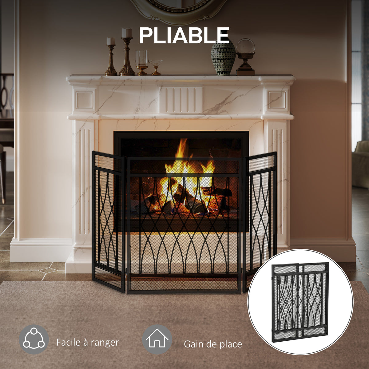 Grille de Protection pour cheminée - Pare-feu Large pour cheminée ou poêle - Pare-étincelles - barrière de sécurité - 3 Volets Pliables - métal Noir-4