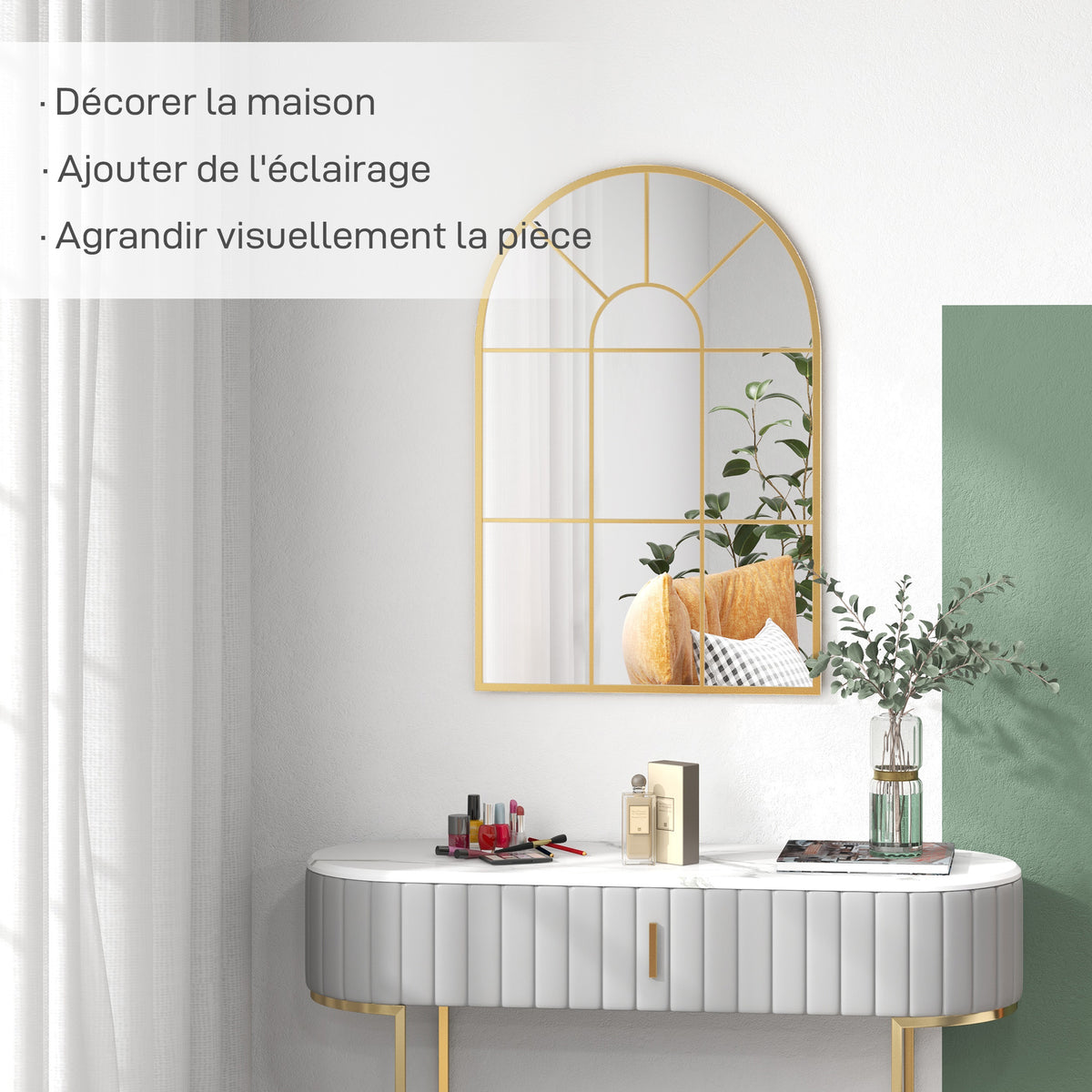 Miroir mural en métal cadre doré en forme de voûtée – 91 x 60 cm – décoration pour entrée ,chambre à coucher, salon-3
