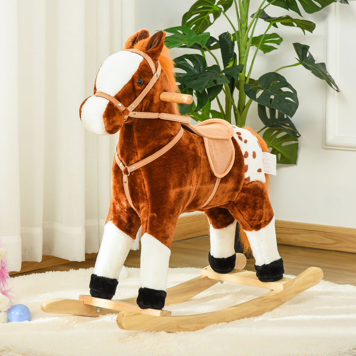 Cheval à Bascule en Bois et Peluche pour Enfant Cheval de Cowboy peluche Pour Enfants de 3-6 Ans Jouet balançoire avec Effet sonore Selle rênes Marron Blanc-9