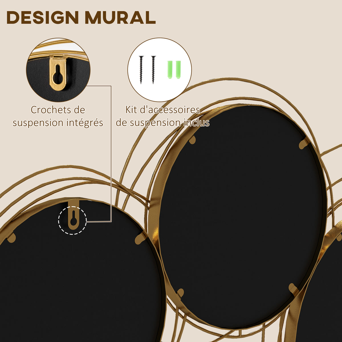 Ensemble de 4 miroirs ronds en métal dorés 107 x 56 cm-4