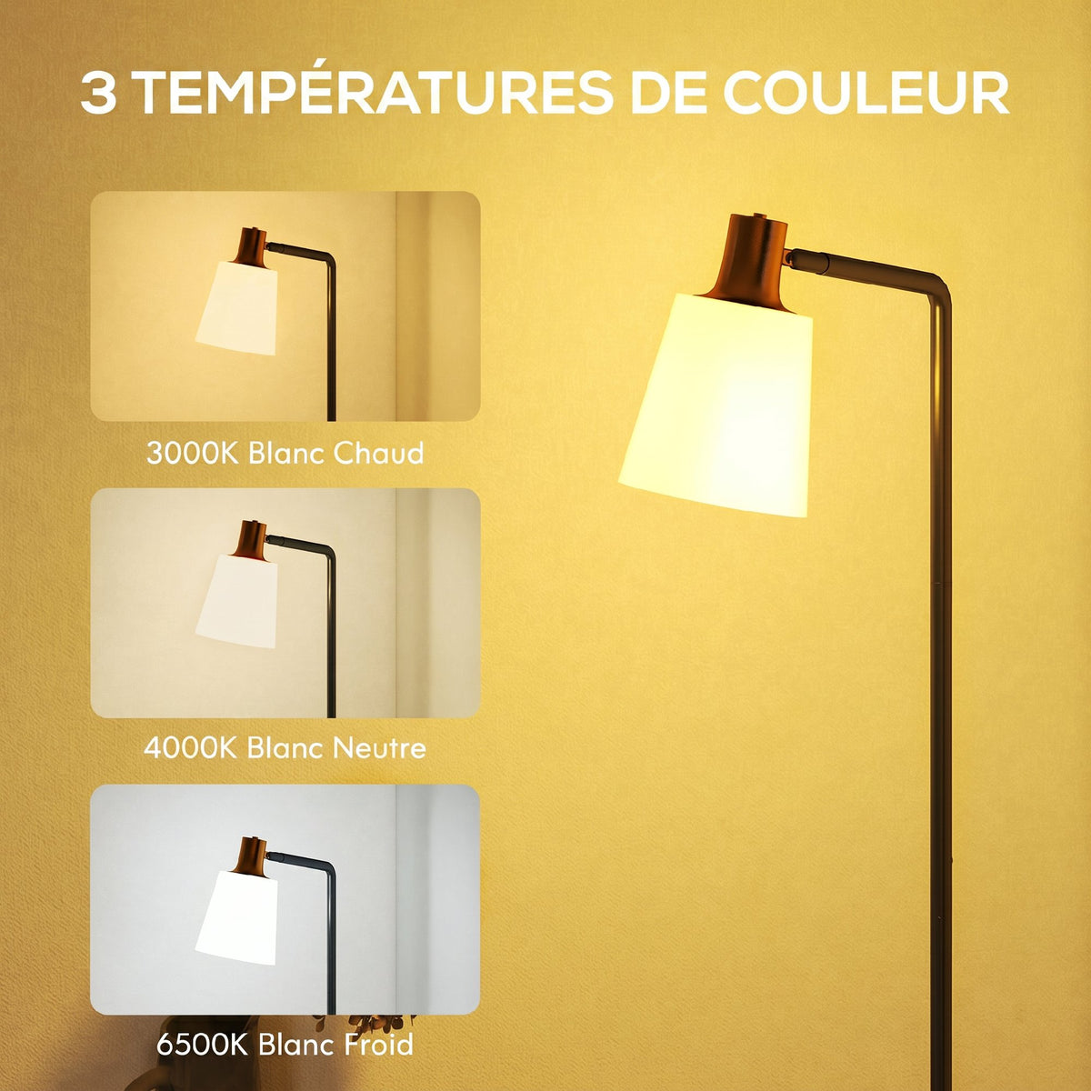 Lampadaire sur Pied Salon à Tête Rotative à 350°, Lampe sur Pied Moderne avec 3 Températures de Couleur, Noir-3