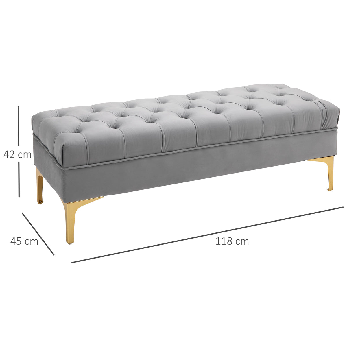 Banc banquette capitonnée bout de lit style classique chic dim. 118L x 45l x 42H cm piètement métal doré velours gris clair-2