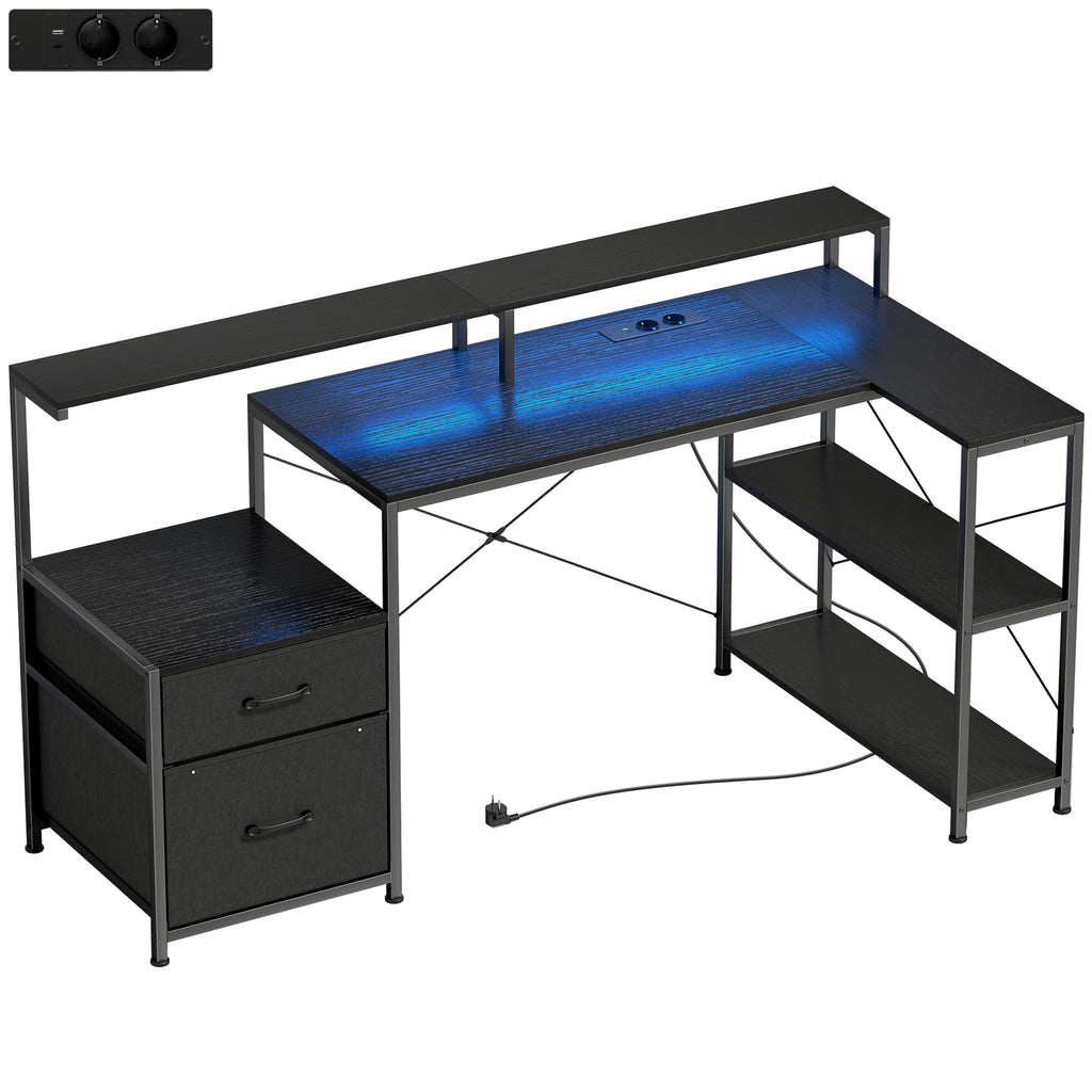 Bureau Gaming d'Angle 165 x 80 cm, Éclairage LED et Station de Charge, Support pour 2 Écrans et 2 Tiroirs en Tissu, Noir-0