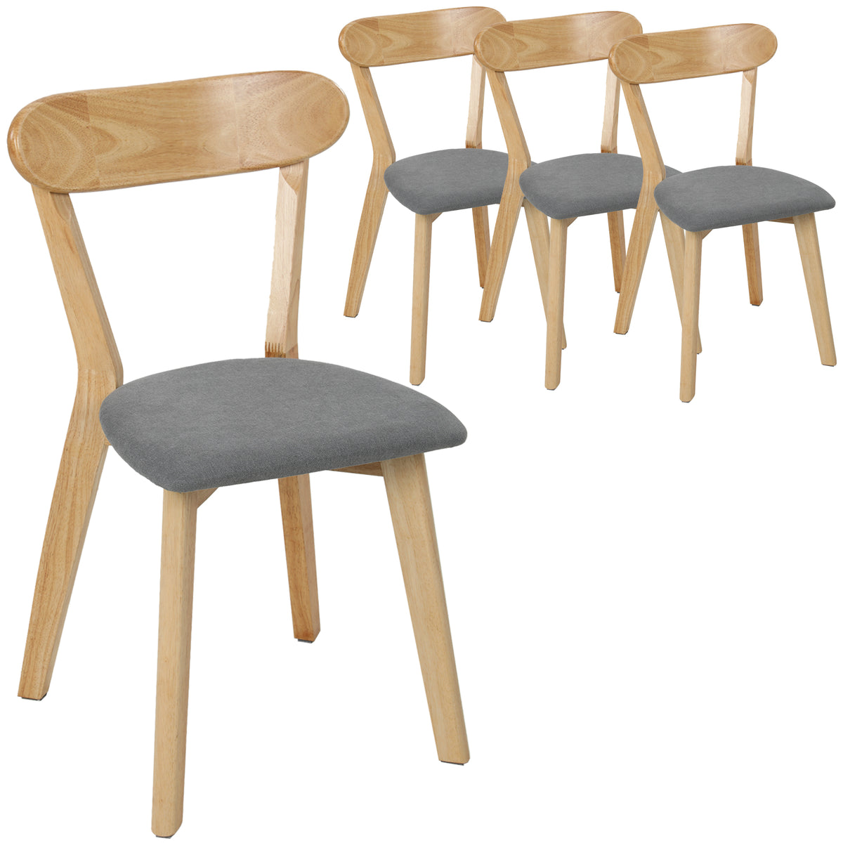 Lot de 4 Chaises de Salle à Manger, Chaises Cuisine, Assise Rembourrées en Lin, Dossier Incurvé, Gris et Bois Naturel-0